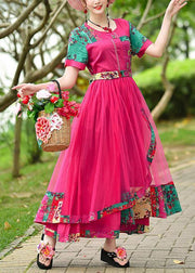 French rose print cotton quilting clothes o neck patchwork tulle long summer Dress - SooLinen