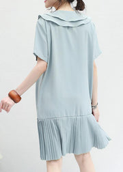 French ruffles Chiffon Tunic Runway light blue Dresses summer - SooLinen