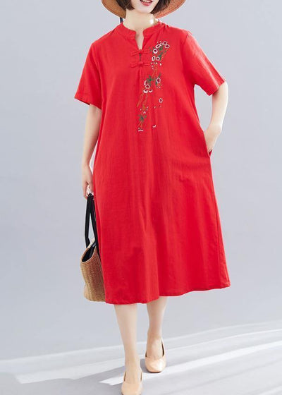 French short cotton Tunic Outfits red long Dresses summer - SooLinen