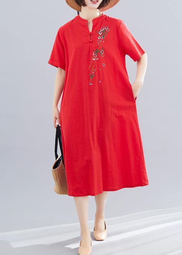 French short cotton Tunic Outfits red long Dresses summer - SooLinen