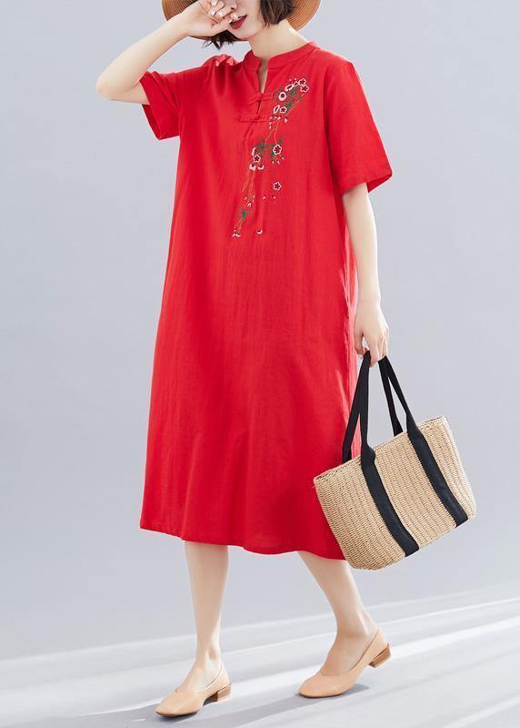 French short cotton Tunic Outfits red long Dresses summer - SooLinen