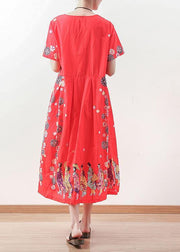 French short sleeve linen Long Shirts Shape red o neck Dress summer - SooLinen