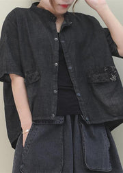 French stand colla pockets cotton Shirts Work denim black shirt - SooLinen