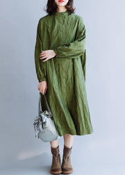 French stand collar Cinched cotton tunics for women Outfits green Dress fall - SooLinen