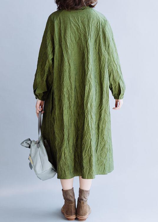 French stand collar Cinched cotton tunics for women Outfits green Dress fall - SooLinen