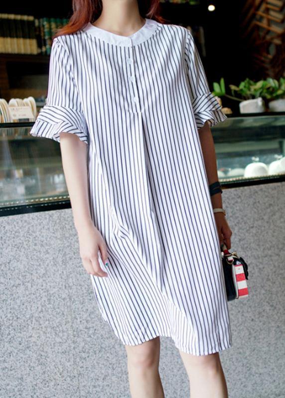 French striped Cotton quilting dresses o neck Ruffles Midi Dress - SooLinen