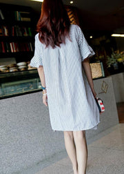 French striped Cotton quilting dresses o neck Ruffles Midi Dress - SooLinen