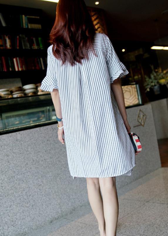 French striped Cotton quilting dresses o neck Ruffles Midi Dress - SooLinen