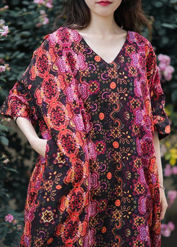 French v neck baggy cotton clothes Catwalk floral loose Dresses - SooLinen