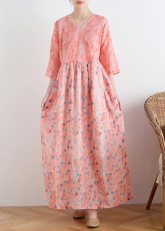 French v neck half sleeve linen summer clothes For Women pink floral Dresses - SooLinen