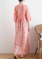 French v neck half sleeve linen summer clothes For Women pink floral Dresses - SooLinen