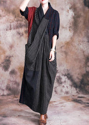 French v neck linen Long Shirts pattern plaid patchwork Dress fall - SooLinen