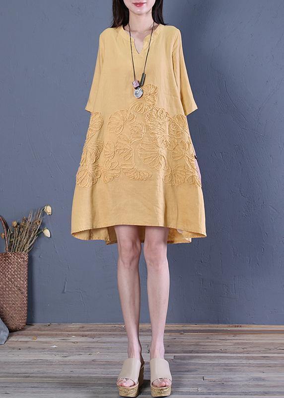 French v neck low high design linen summer dresses Shirts yellow Dress - SooLinen