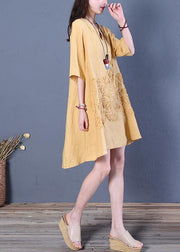 French v neck low high design linen summer dresses Shirts yellow Dress - SooLinen