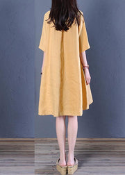 French v neck low high design linen summer dresses Shirts yellow Dress - SooLinen