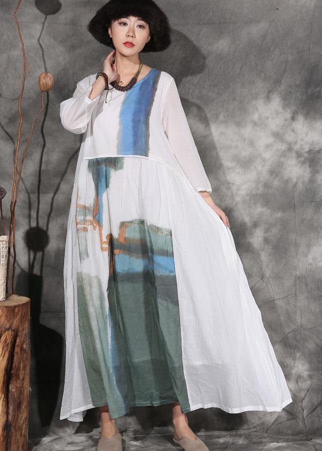 French white prints linen Wardrobes patchwork long autumn Dresses - SooLinen