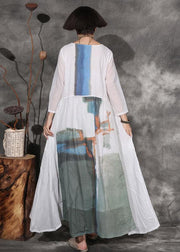 French white prints linen Wardrobes patchwork long autumn Dresses - SooLinen