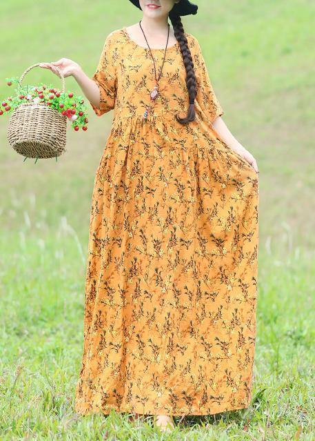 French yellow floral linen dress Casual Shirts o neck Half sleeve Plus Size Clothing Summer Dress - SooLinen