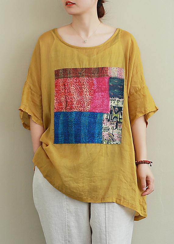 French yellow linen Blouse o neck patchwork summer top - SooLinen