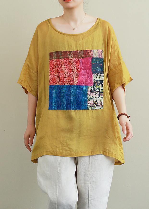 French yellow linen Blouse o neck patchwork summer top - SooLinen