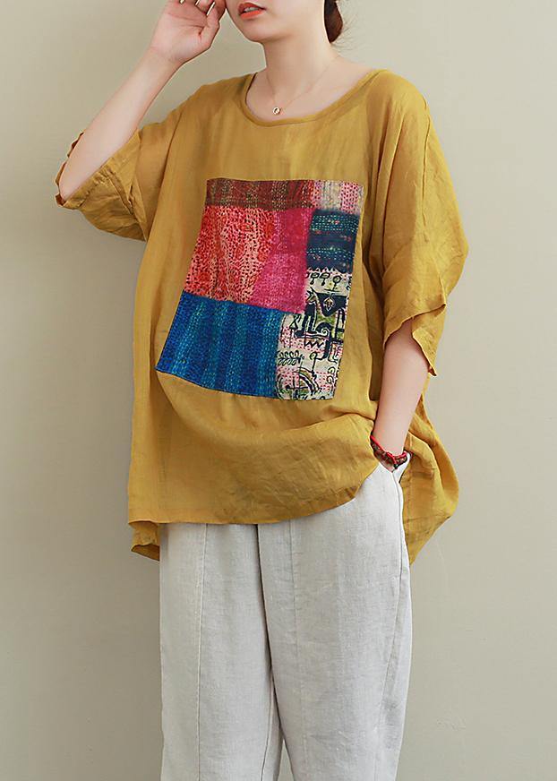 French yellow linen Blouse o neck patchwork summer top - SooLinen