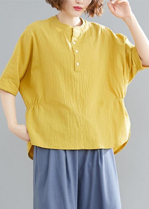 French yellow linen cotton linen tops women blouses Cotton Button Down elastic waist blouse - SooLinen