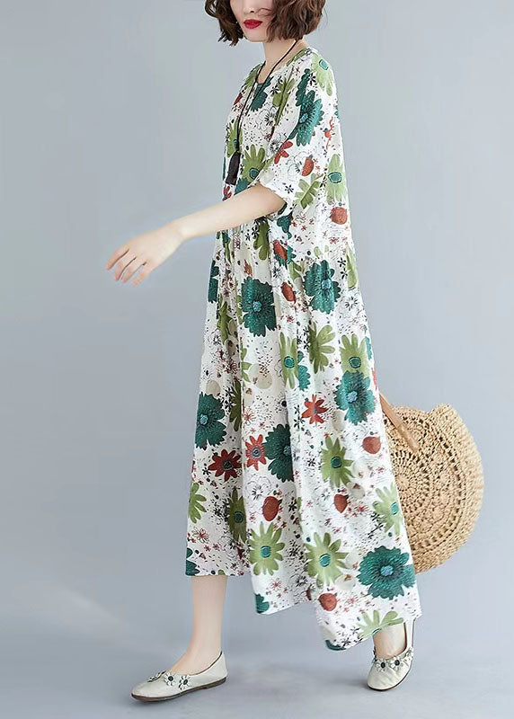 French Green print linen clothes For Women Omychic Inspiration o neck pockets Maxi Summer Dress