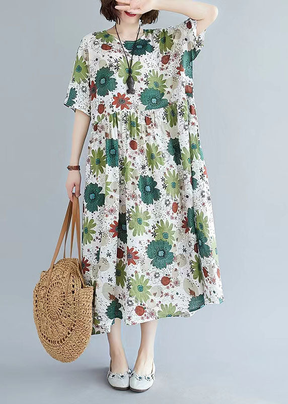 French Green print linen clothes For Women Omychic Inspiration o neck pockets Maxi Summer Dress