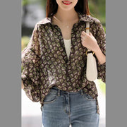 French chocolate print cotton linen tops women Organic Tutorials Button Down Dresses shirts