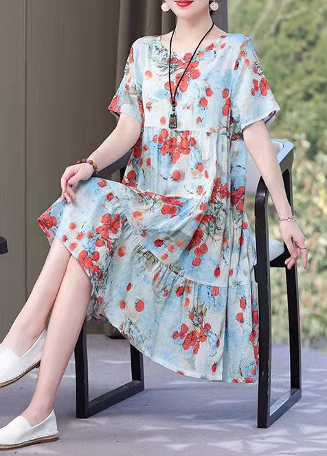 French Blue Bird print Cotton clothes o neck pockets Art summer Dresses