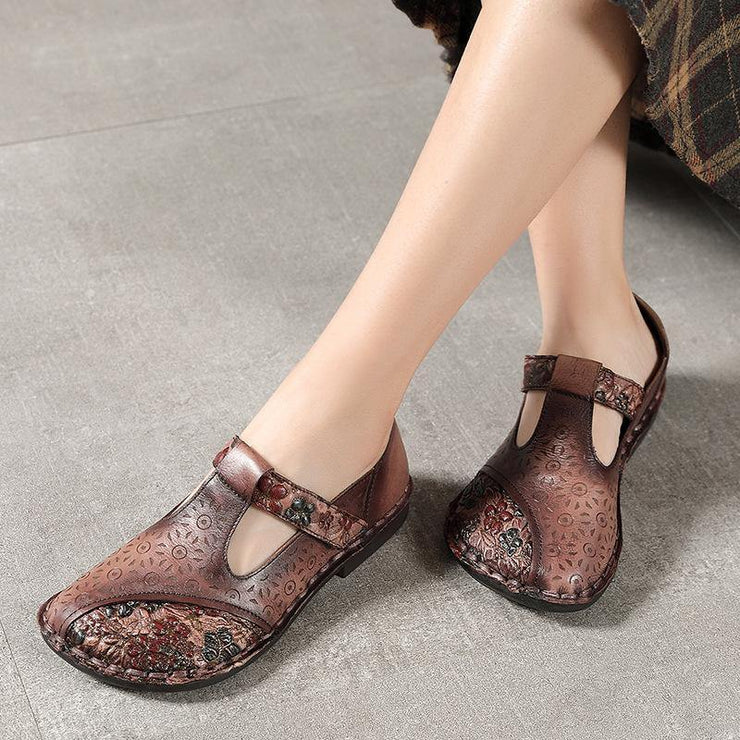 Genuine Leather Brown Flat Shoes Embossed Flats - SooLinen