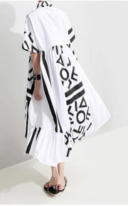 Geometric Printed Woman Summer Stylish White Midi Shirt Dress - SooLinen