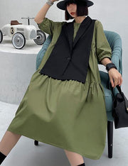 Grass Green Detachable Vest Dress Two Piece Suit - SooLinen