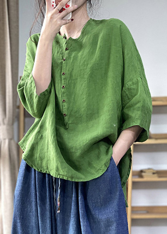 Green Button Side Open Linen Top Three Quarter Sleeve