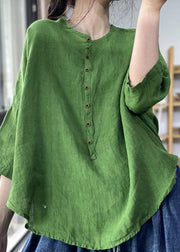 Green Button Side Open Linen Top Three Quarter Sleeve