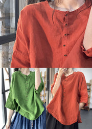 Green Button Side Open Linen Top Three Quarter Sleeve