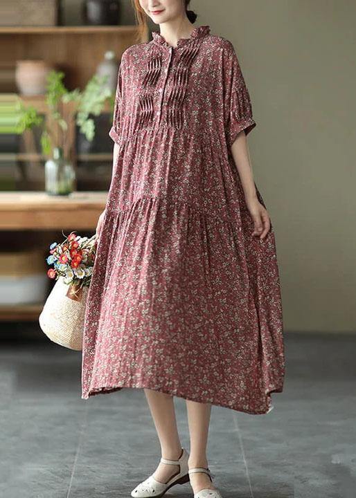 Green Cotton Linen Women Floral Pleated Breasted Short Sleeve Dress - SooLinen