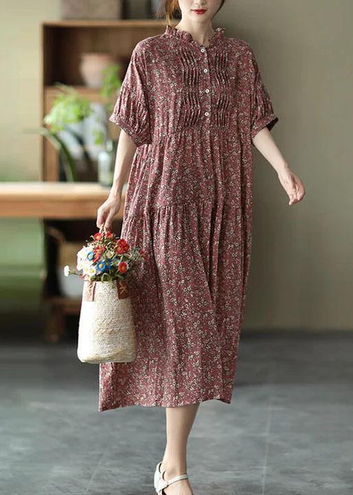 Green Cotton Linen Women Floral Pleated Breasted Short Sleeve Dress - SooLinen