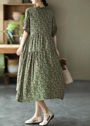 Green Cotton Linen Women Floral Pleated Breasted Short Sleeve Dress - SooLinen