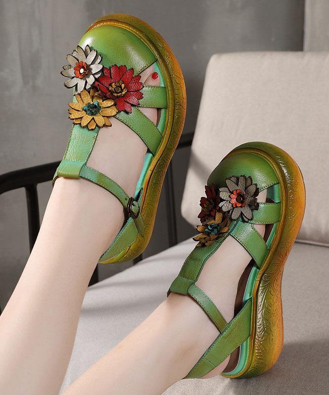 Green Cowhide Leather Buckle Strap Platform Sandals - SooLinen