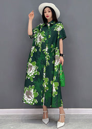 Green Daisy Print Chiffon Shirt Dresses Oversized Pockets Short Sleeve