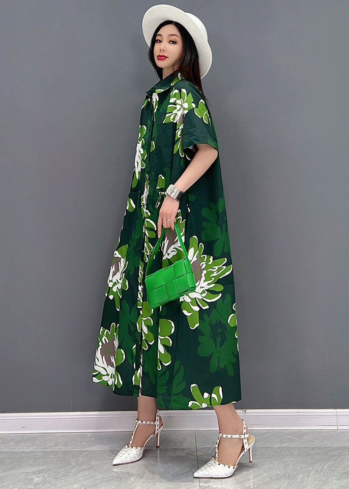 Green Daisy Print Chiffon Shirt Dresses Oversized Pockets Short Sleeve