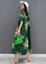 Green Daisy Print Chiffon Shirt Dresses Oversized Pockets Short Sleeve