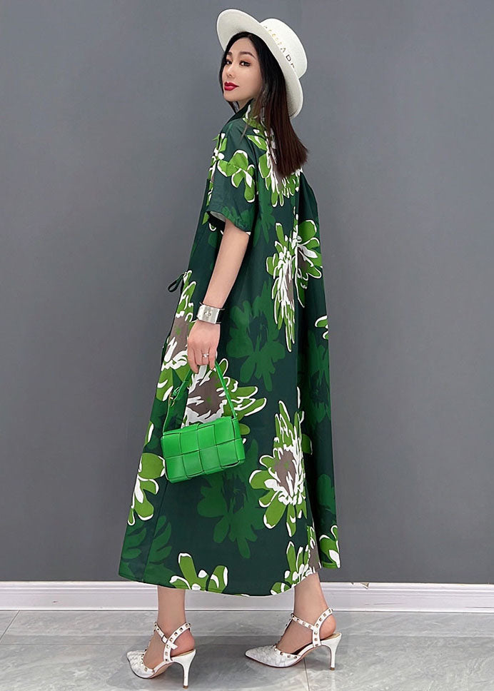 Green Daisy Print Chiffon Shirt Dresses Oversized Pockets Short Sleeve