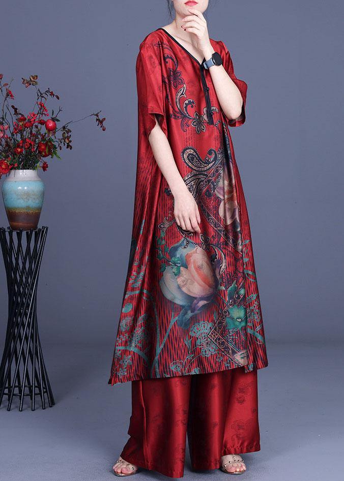 Green Elegant Print Patchwork Summer Silk long shirts + Wide Leg Two Pieces Set - SooLinen