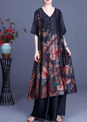 Green Elegant Print Patchwork Summer Silk long shirts + Wide Leg Two Pieces Set - SooLinen