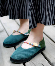 Green Flat Feet Shoes Cotton Fabric Elegant Buckle Strap Flat Shoes