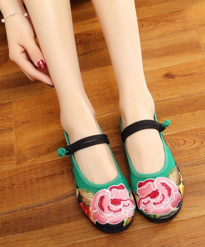 Green Flat Shoes Embroideried Comfy Cotton Fabric Buckle Strap Flat Shoes For Women