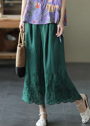 Green High Waist Linen Wide Leg Pants Embroideried Summer