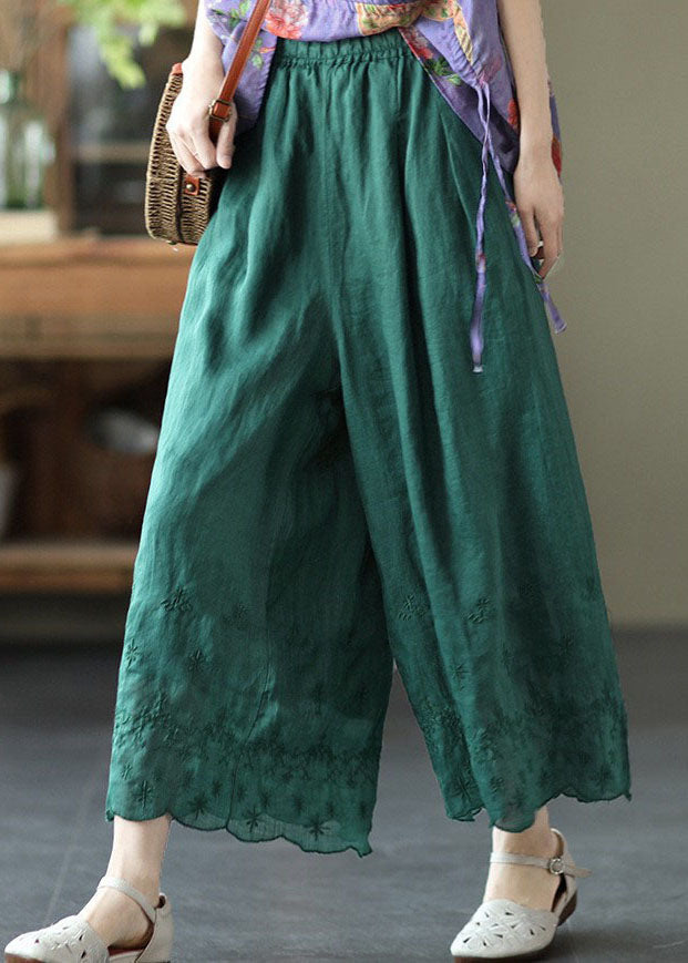 Green High Waist Linen Wide Leg Pants Embroideried Summer